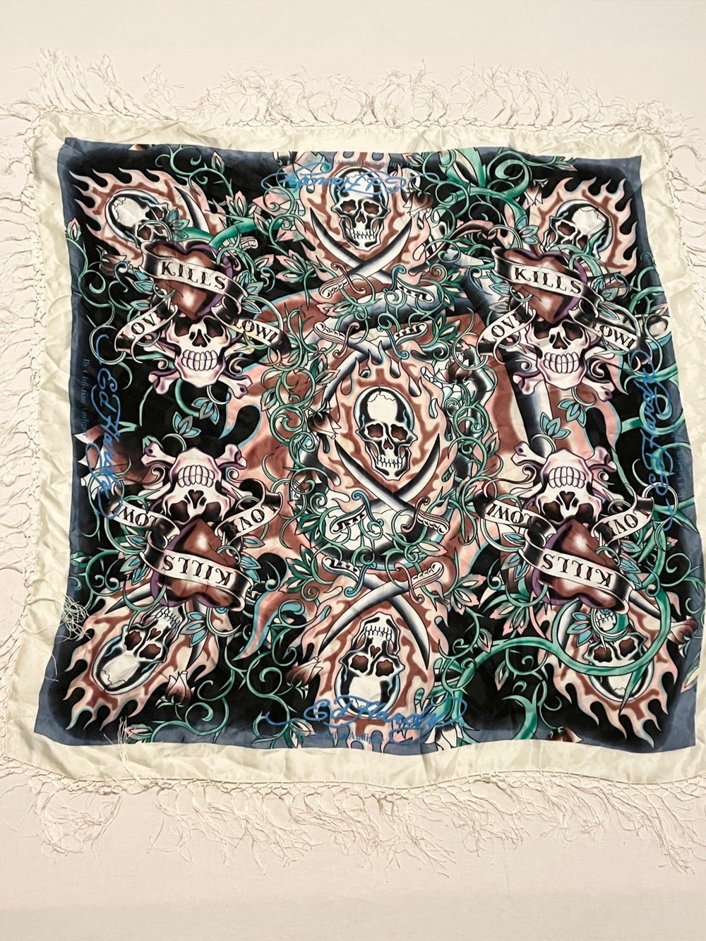 VTG Ed Hardy Christian Audigier Love Kills Slowly Fringe Silk Scarf Shawl